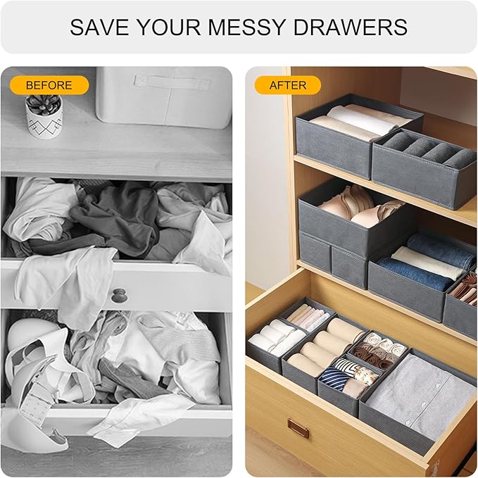 6 Pack Drawer Organizers for Clothing,Fabric Foldable Closet Organizers and Storage Dresser Drawer Dividers Storage Basket Bins for Clothes,Socks,Scarves,Ties,Underwear,Towels-CasaMuseHome