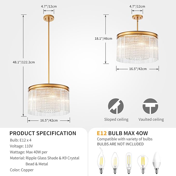 4-Lights Drum Glass Chandelier, Modern Style Light Fixture for Dining Room, Bedroom, Ripple Glass Shade & Brass Finish, D16.5 * H18~48 inch (Adjustable Height)-CasaMuseHome