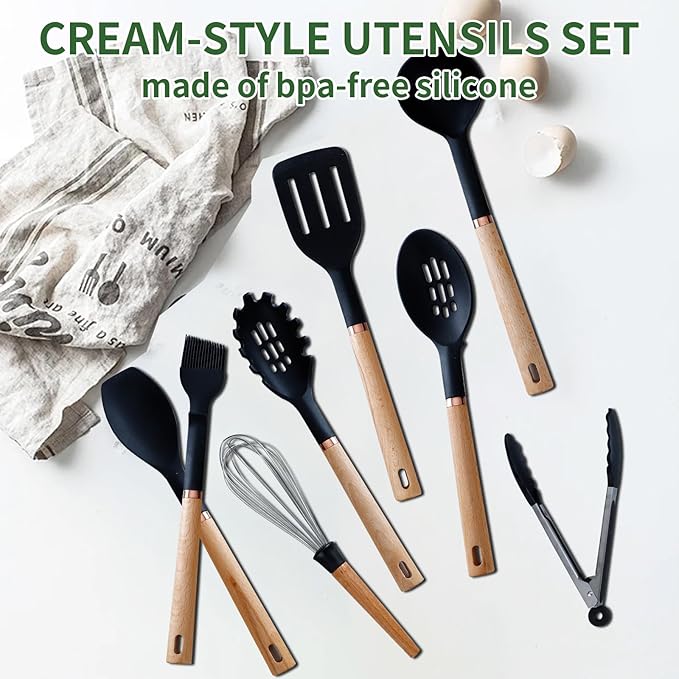 13-Piece silicone utensil set wood handle nonstick cookware safe dishwasher safe kitchen tools BPA free heat resistant (450°F/230°C) ceramic pan safe cooking gifts housewarming (Black)-CasaMuseHome