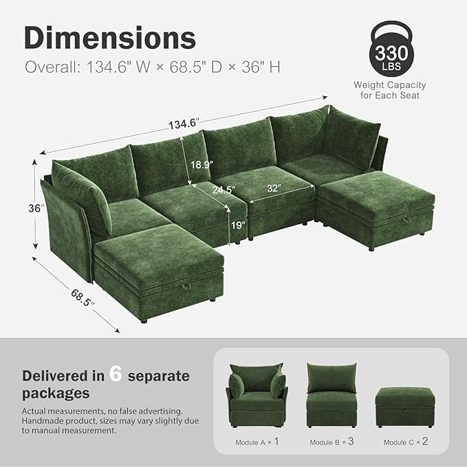 134.6" Oversized Modular Sectional Sofa, 6 Seater U Shaped Couch with Storage Ottoman with Reversible Chaise Deep Seat for Living Room, Apartment - Chenille Green-CasaMuseHome
