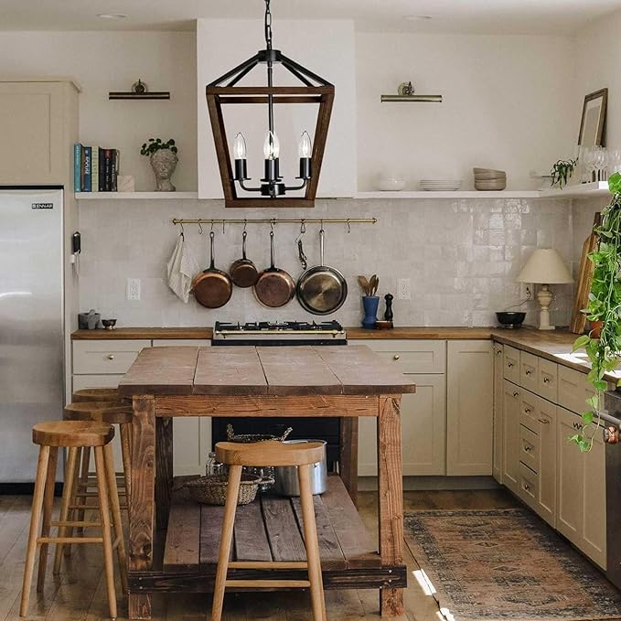 4-Light Lantern Pendant Light,Black Wood Cage Farmhouse Chandelier for Kitchen Island,12'' Rustic Metal Geometric Hanging Lighting Fixture for Kitchen Island Dining Room Bedroom Foyer Entry-CasaMuseHome