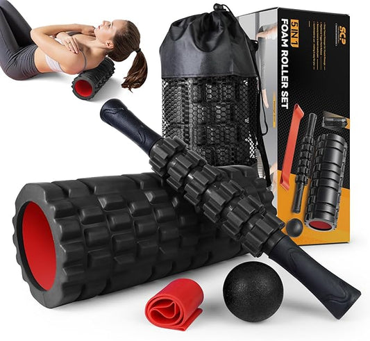 5 in1 Foam Roller Set, Trigger Point Foam Roller, Massage Roller Stick, Massage Ball, Resistance Band for Deep Muscle Massage Pilates Yoga,Fitness Exercise for Whole Body (Black-Red)-CasaMuseHome
