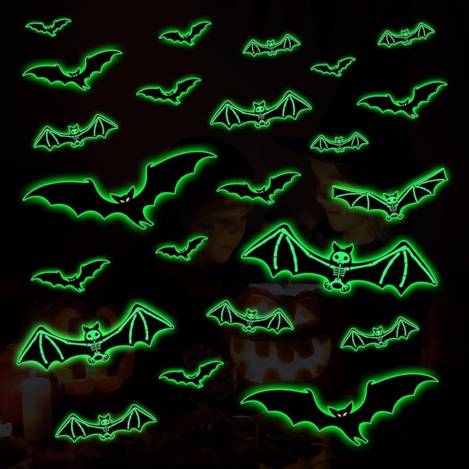 3 Sheets Glow in The Dark Halloween Skeleton Bat Decals Luminous Halloween Skeleton Bat Stickers Removable Bat Wall Decor Glowing Window Clings for Scary Halloween Theme Party Decorations-CasaMuseHome