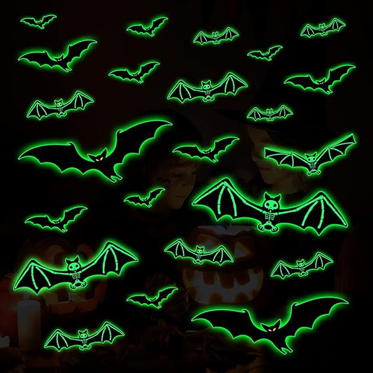 3 Sheets Glow in The Dark Halloween Skeleton Bat Decals Luminous Halloween Skeleton Bat Stickers Removable Bat Wall Decor Glowing Window Clings for Scary Halloween Theme Party Decorations-CasaMuseHome