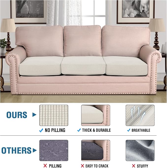 H.VERSAILTEX Super Stretch Individual Seat Cushion Covers Sofa Covers Couch Covers Slipcover Sets Thick Jacquard Textured Twill Fabric (3 Piece XL Sofa Cushion Covers, Porcelain)-CasaMuseHome