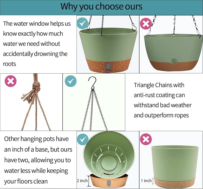 2 Pack Hanging Planters, 10 inch Indoor Outdoor Hanging Plant Pot Basket, Hanging Plastic Flower Pot with Drainage Hole with Removable Tray&Hooks for Hanging Plants,Green-CasaMuseHome