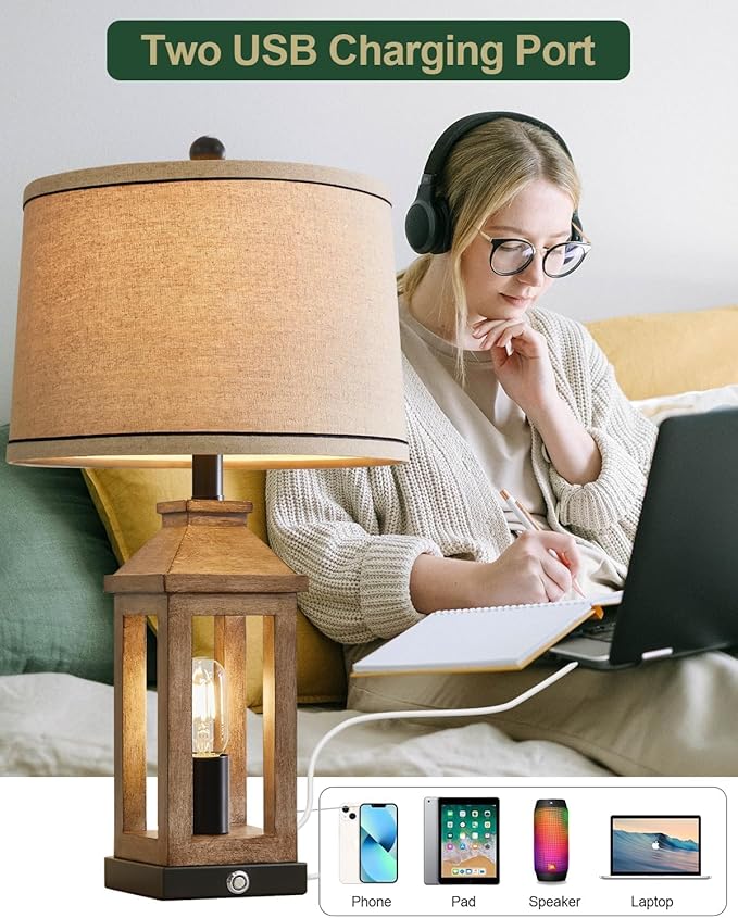 23.75" Farmhouse Dual USB Charging Ports 3-Way Dimmable Touch Control Table Lamp with Nightlight Vintage Modern Lamps for Living Room Bedroom-CasaMuseHome