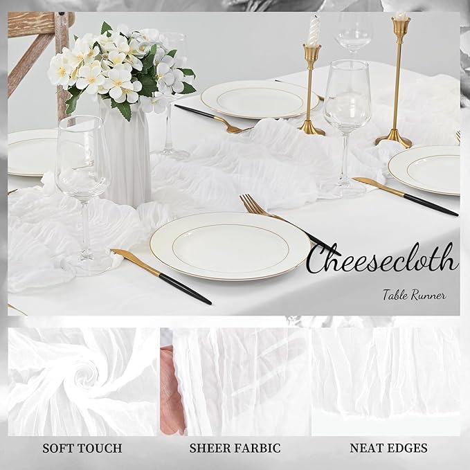 10FT 20 Pack White Cheesecloth Table Runner 20 x 120 Inch Long Rustic Gauze Cheese Cloth Table Runner for Wedding Bridal Baby Shower Table Decorations Boho Fabric Sheer Birthday Party Table Decor-CasaMuseHome