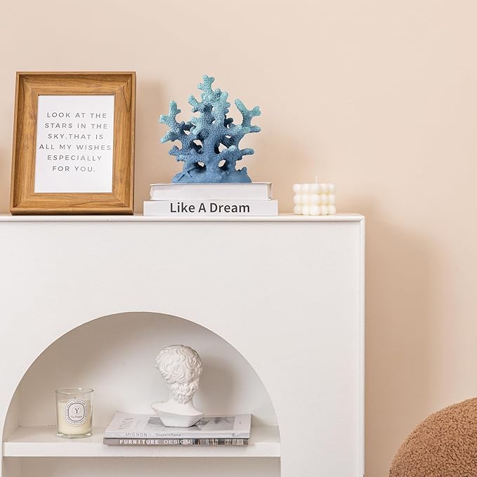 7.1" H Blue Coral Decor, Resin Coral Statue, Nautical Decorations for Home, Bedroom, Bathroom, Living Room, Beach/Coastal/Ocean Themed Cabinet Shelf Tabletop Decor-CasaMuseHome