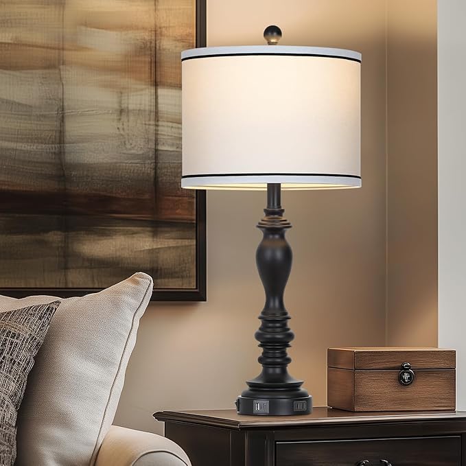 27.5" Farmhouse Table Lamp for Living Room, Black Lamps Set of 2 with USB A+C Ports, Mid Century Tall Table Lamp for Bedroom, Bedside Lamps for Night Stands(2 Bulbs Included)-CasaMuseHome