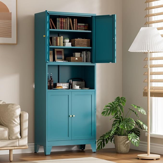69" Tall Kitchen Pantry Cabinet, Metal Storage Cabinet with 4 Doors and Adjustbale Shelves, Freestanding Cupboards for Dining Room, Living Room, Bathroom-CasaMuseHome