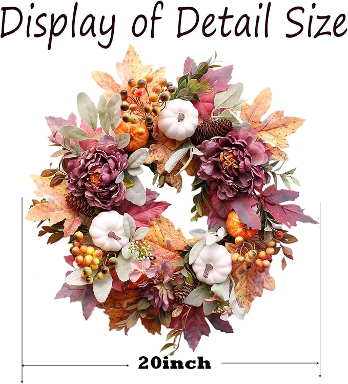 20Inch Fall Wreaths for Front Door,Fall Wreath,Fall Decorations for Home,Autumn Wreaths with White Pumpkins Peony Pine Cones, Fall Door Wreath for Thanksgiving Halloween Indoor Outdoor Decor-CasaMuseHome