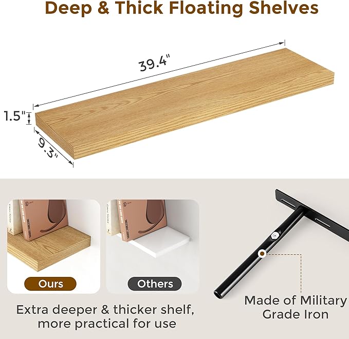 40 Inch Floating Shelvese, 40" W x 9" D Floating Shelf Set of 2, Farmhouse Wood Wall Shelves for Bedroom, Kitchen, Wall Mounted Deep Shelving for Home Decor, Oak Color-CasaMuseHome