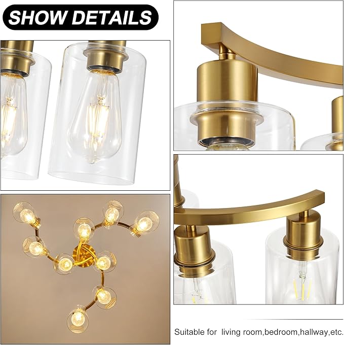 9-Light Gold Glass Chandelier, Adjustable Height Dining Room Light Fixtures Over Table, Contemporary Hanging Chandelier for Kitchen Island Living Room Foyer Office, Clear Glass Shade-CasaMuseHome