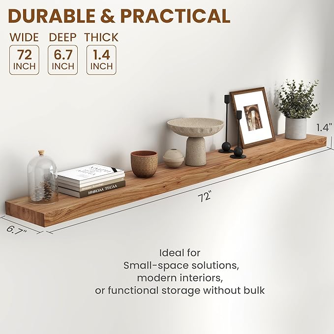 72" Floating Shelves for Wall, Rustic Elm Wood Floating Shelf for Home Decor, Wall-Mounted Display Shelves with Heavy-Duty Bracket, Long Floating Shelf for Bathroom, Kitchen, Natural Color-CasaMuseHome