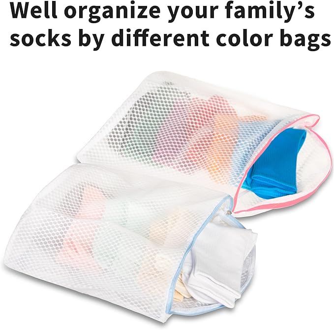 3Pcs Hanging Laundry Bags for Socks with S Hooks, 3 Color Mesh Laundry Bags for Washing Machine-CasaMuseHome
