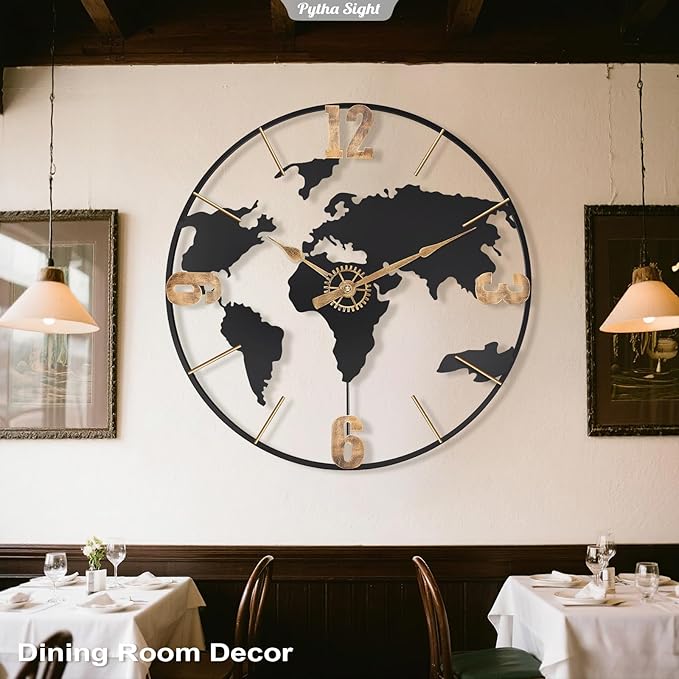 24 Inch Large Wall Clock,Modern Decorative Big World Map with Vintage Gold Arabic Numeral Extra Giant Metal Oversized Wall Clocks for Living Room,Office,Kitchen,Dining Room,Bedroom-CasaMuseHome