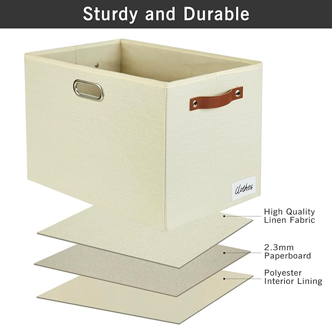 3-Pack Foldable Fabric Storage Bins with Durable PU & Metal Handles , Collapsible Storage Baskets for Shelves, Home Storage, Closet Organizers, Living Room(17"x11.8"x11.8", Beige)-CasaMuseHome