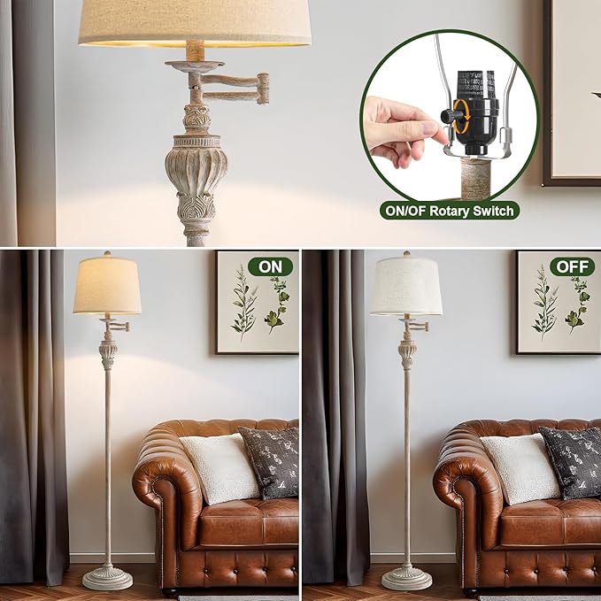 61" Vintage Floor Lamp with 350° Adjustable Swing Arm, Tall lamp Standing Lamp for Bedroom Living Room Bedside Nightstand Retro Farmhouse Mid Century Lamp Light Home Décor Office Gifts-CasaMuseHome