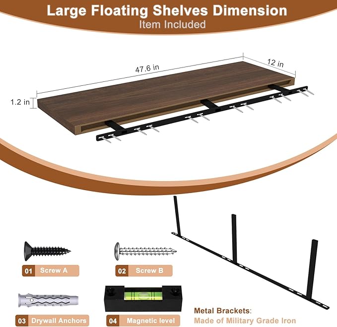 48 Inch Floating Shelf 1 Pack Large Floating Shelves for Wall No Drilling Accessories Included Deep Wall Shelves for Living Room Kitchen Farmhouse 48" W x 12" D x 1.2" Walnut-CasaMuseHome