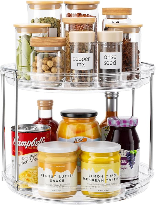 2 Tier Lazy Susan Organizer, 9.25'' Lazy Susan Turntable for Cabinet, Stackable Turntable Organizer Rotating Spice Rack Organization for Kitchen Countertop, Pantry, Bathroom, Clear-CasaMuseHome