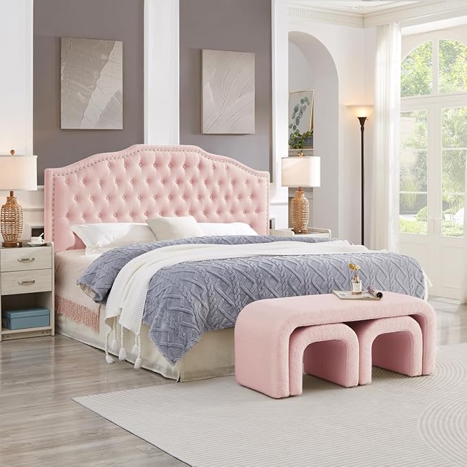 24KF Upholstered Button Tufted King Size Headboard with Nailhead Trim, Elegant Boucle Fabric California King headboard, 6031-K-Boucle-Pink-CasaMuseHome