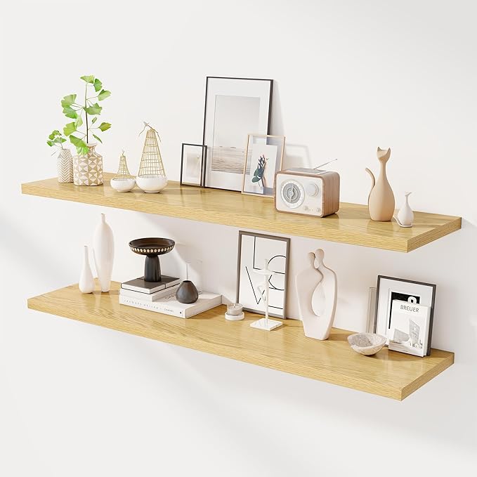 55" Floating Shelves for Wall, 12" Deep Slim Oak Floating Shelves, Wall-Mounted Shelves for Bedroom, Living Room, Kitchen, Bathroom - Set of 2-CasaMuseHome