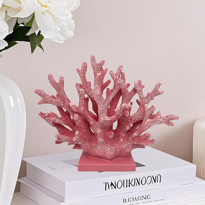 5.8" H Pink Coral Decor - Resin Coral Statue, Nautical Decor for Home, Bedroom, Bathroom, Living Room, Ocean Themed Cabinet Shelf Tabletop Decoration-CasaMuseHome