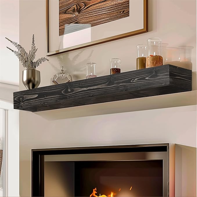 48x8x5 Fireplace Mantel - Handcrafted Hollow Rustic Solid Wood Wall Mounted Floating Shelf with Invisible Heavy Duty Wood Bracket (Weathered Black)-CasaMuseHome