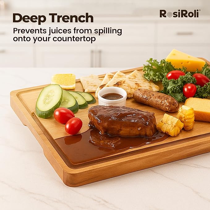 Acacia Wood Cutting Board for Kitchen - 1 inch Thick FSC Certified Wood Charcuterie Cheese Board with Side Handles and Juice Grooves, Wooden Chopping Block for Meat and Veggies, 17x12 inch-CasaMuseHome