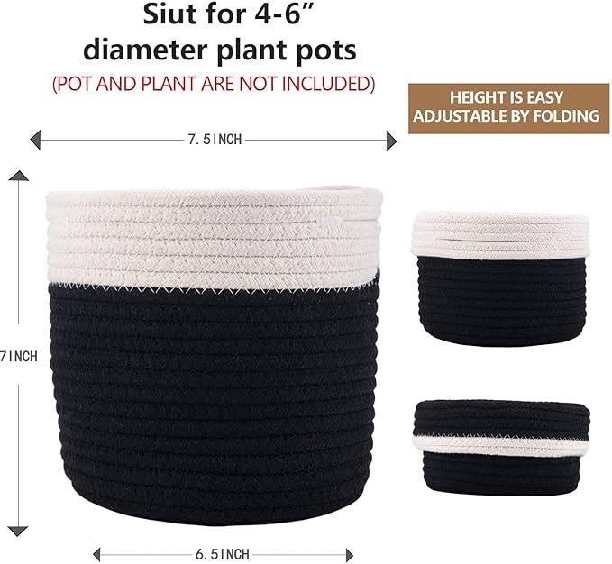 6.5 inch Planter Baskets for Indoor Planters Cotton Rope Flower Plant Pots Cover,Woven Storage Baskets for Crafts,Organization Modern Home Decor H6 3/4" x W6 1/2" Black&White-CasaMuseHome