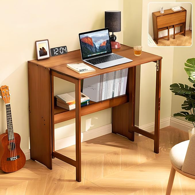 31.5" Bamboo Folding Desk,Space-Saving Computer Desk for Small Spaces, Foldable Study Table for Bedroom, Home Office, Dorm, Apartment（Brown-CasaMuseHome