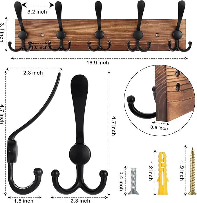 2pcs Coat Rack Wall Mount Wooden Hat Rack for Wall Hooks Pine Real Wood Plank 16.9" Brown Coat Hanger with 5 Triple Hooks for Hanging Coat Hat Jacket-CasaMuseHome