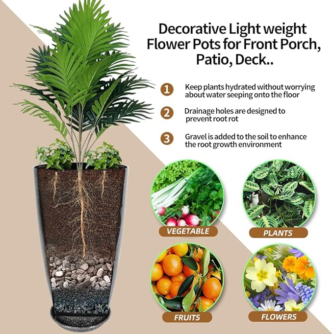 2 Pcs Pack 21 Inches Plastic Resin Tall Tapered Planter Pots Large Round Planter Flower Pot with Drainage Holes for Indoor Outdoor Deck Porch Garden Home Patio Front Door (Black, L)-CasaMuseHome