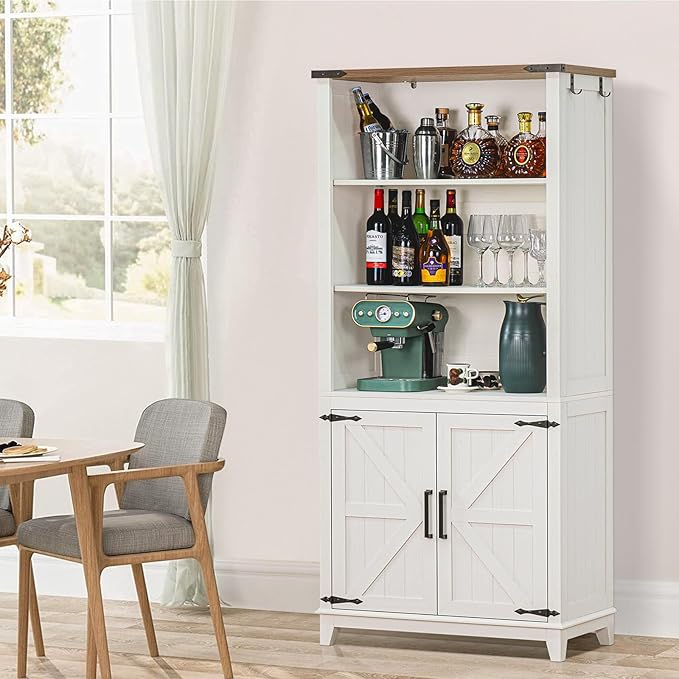 70in Tall Bookshelf 5 Tier Bookcase with Barn Doors and Storage Cabinet, White Farmhouse Book Shelf with Adjustable Shelves, Wood Freestanding Display Bookshelves for Bedroom, Kitchen (3PCS)-CasaMuseHome