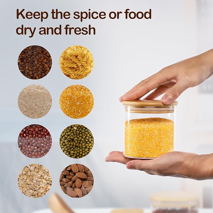 22oz Straight cylindrical Airtight Storage Jars with Bamboo Lid Set of 6 Storage Container Stackable Spice Jar, Kitchen Canister for Sugar, Tea, Cookies and Coffee beans (with Black Lable)-CasaMuseHome