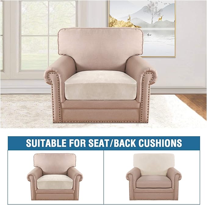H.VERSAILTEX Velvet Stretch Couch Cushion Cover Plush Cushion Slipcover for Chair Cushion Furniture Protector Seat Cushion Sofa Cover (1 Piece Armchair Cushion Covers, Ivory)-CasaMuseHome
