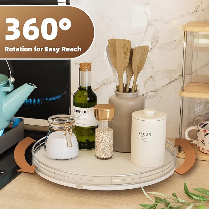 13" Lazy Susan Turntable Organizer for Table Top, Round Wooden Lazy Susan for Cabinet Kitchen Decor Centerpieces Coffee Table, Storage Condiments Spices, Bathroom Vanity Tray for Soap, White-CasaMuseHome