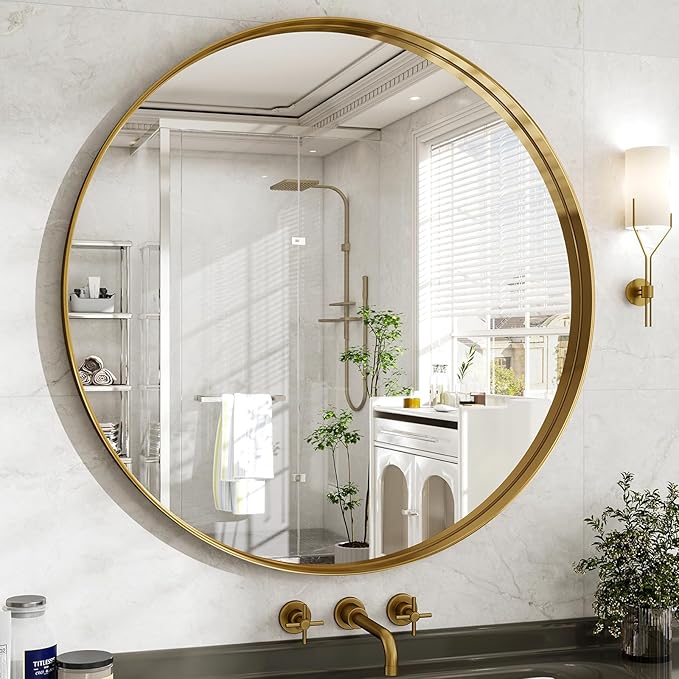 36 Inch Round Bathroom Mirror - Wall Mounted Circle Mirror with Metal Frame, Modern Mirror Suitable for Bathroom, Vanity, Entryway, Living Room, Wall Decor,Gold-CasaMuseHome