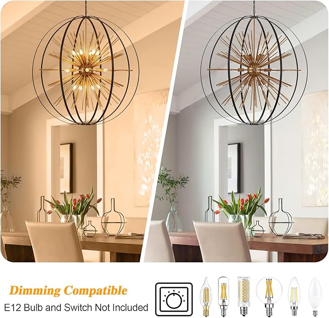 43.3" Black Gold 18-Light Globe Sputnik Chandelier Modern Adjustable Hanging Ceiling Firework Pendant Light Fixture for Entryway Foyer Stairway Kitchen Dining Living Room Hallway-CasaMuseHome