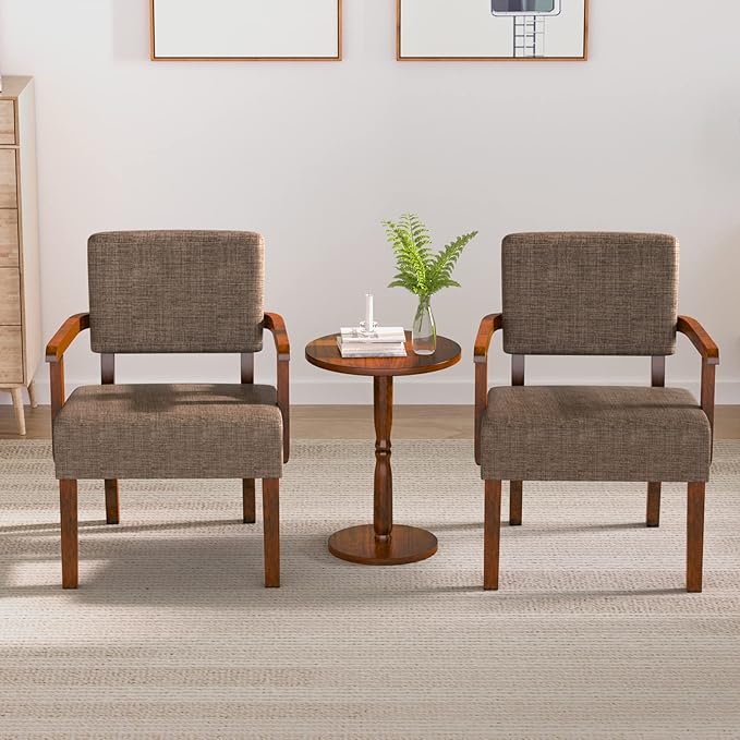 Accent Chair Set of 2 with Table, Living Room Chairs with Soft Seat & Armrests for Living Room Bedroom Reading Room Waiting Room (Brown), (AC01)-CasaMuseHome