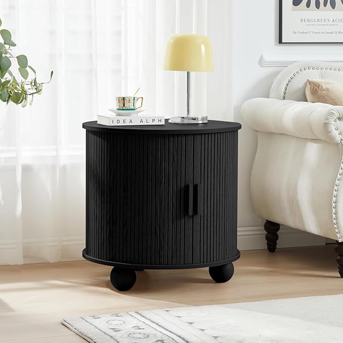 24" Large Fluted Round End Table with Charging Station, Farmhouse Cricle Sofa Side Table with Sliding Door and Storage, Rustic Curved Wood Nightstand for Living Room, Bedroom,Black-CasaMuseHome
