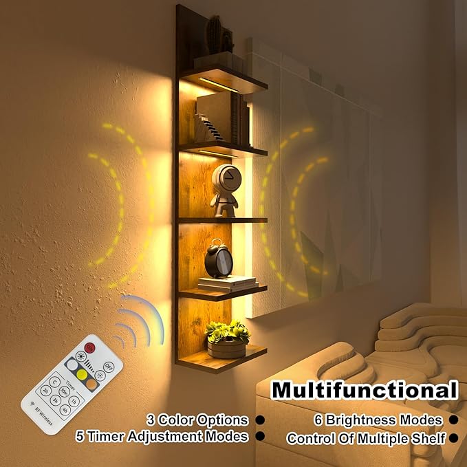 5 Tier Wall Shelf Unit, Modern Vertical Lack Wall Shelves with Light, Wall Mount, Floating Column Home Decor Shelves for Bedroom, Living Room, Vanity Storage Display(Dark Brown)-CasaMuseHome