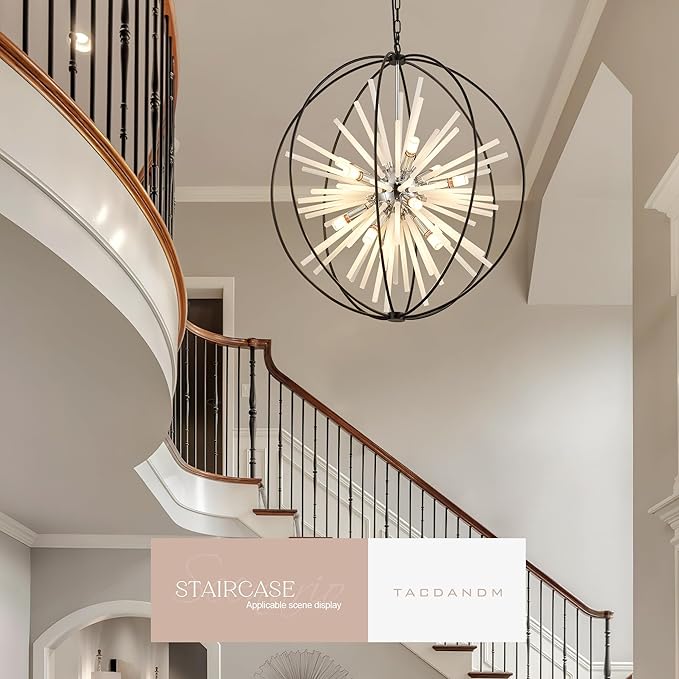 31.5" Black Chrome 16-Light Globe Sputnik Chandelier Modern Adjustable Hanging Ceiling Glass Tube Pendant Light Fixture for Entryway Foyer Stairway Dining Living Room Hallway-CasaMuseHome