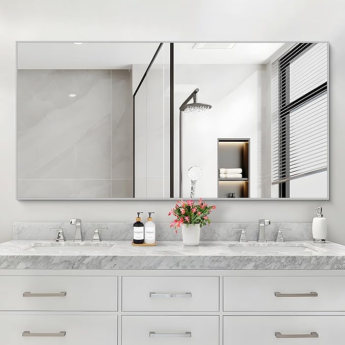 30x55In Silver Bathroom Mirror for Wall, Brushed Nickel Rectangle Mirrors with Metal Frame, Bathroom Rectangular Mirror Modern Wall Mirror for Bedroom Living Room, Hangs Horizontal or Vertical-CasaMuseHome