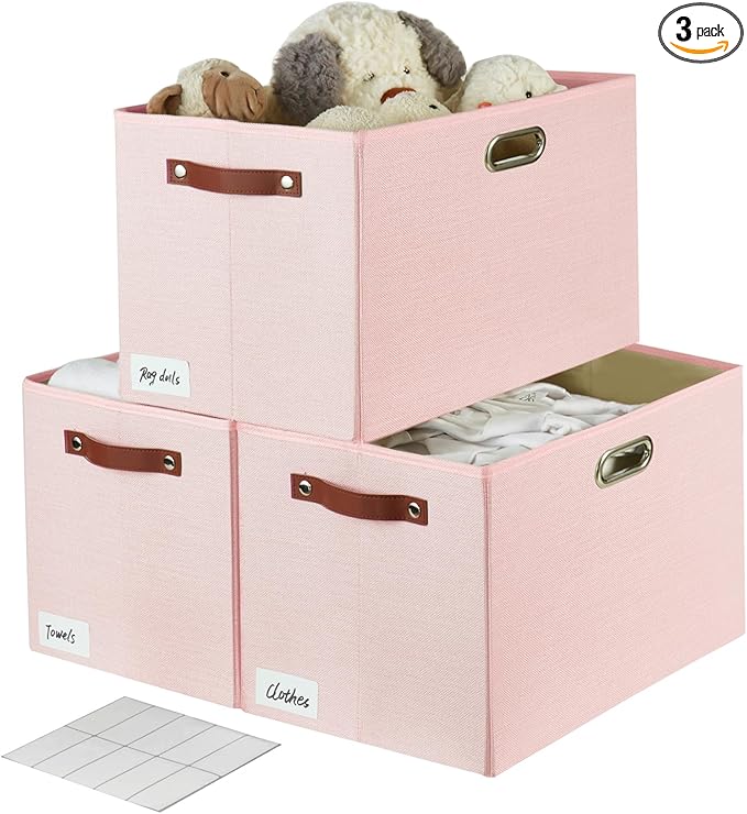3-Pack Foldable Fabric Storage Bins with Durable PU & Metal Handles, Collapsible Storage Baskets for Shelves, Home Storage, Closet Organizers, Living Room(17"x11.8"x11.8", Pink)-CasaMuseHome