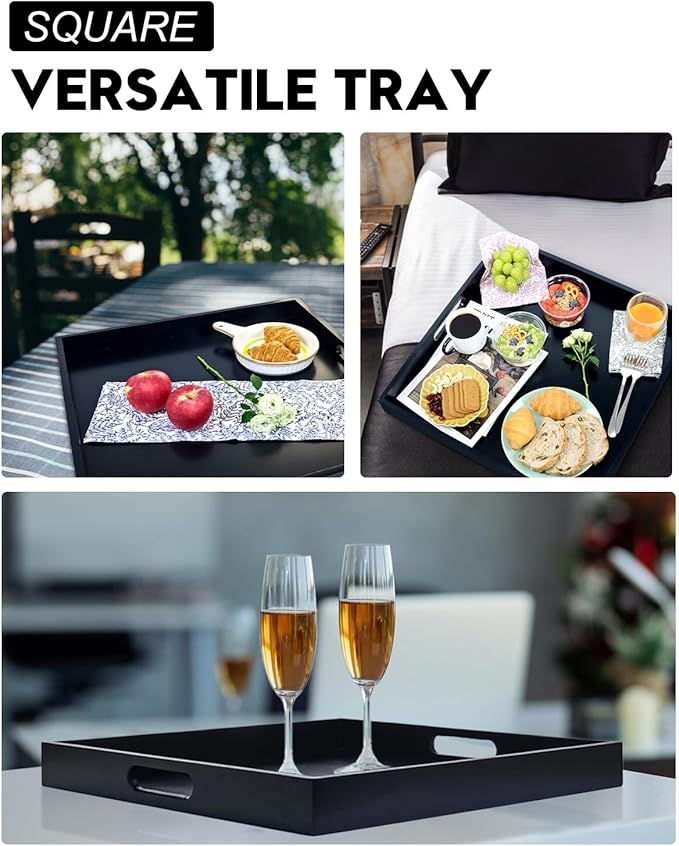 22 Inches Square Wood Ottoman Tray Black, Extra Large Wooden Serving Tray with Handles for Living Room, Serving Food Breakfast, Ottoman Coffee Table Couch Sofa Kitchen-CasaMuseHome