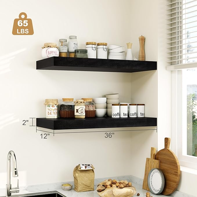12" Deep Black Floating Shelves,Over Toilet Long Wall Mounted Modern Farmhouse 36 inches,Wall Shelves with Invisible Brackets for Bedroom, Bathroom, Living Room, Kitchen, Set of 1-CasaMuseHome