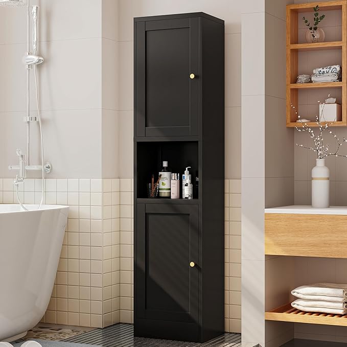 67" Tall Bathroom Storage Cabinet, Narrow Metal Floor Cabinet with 2 Doors and Adjustable Shelves, Freestanding Metal Locker for Laundry, Kitchen, Dining Room-CasaMuseHome