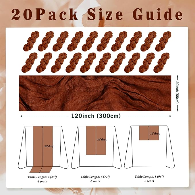 20 Pack Terracotta Cheesecloth Table Runner 10FT Boho Rustic Cheese Cloth Table Runner for Wedding 20 x 120 Inch Long Bridal Shower Baby Shower Gauze Fabric Sheer Birthday Party Table Decorations-CasaMuseHome